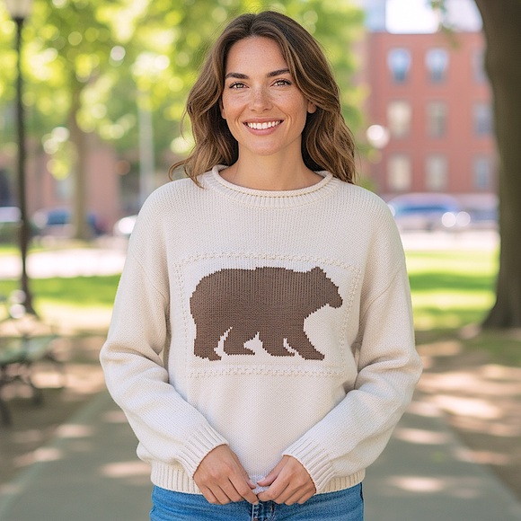Lindor Petite Brown Bear Knit Cream Pullover sweater size XL - Picture 1 of 7